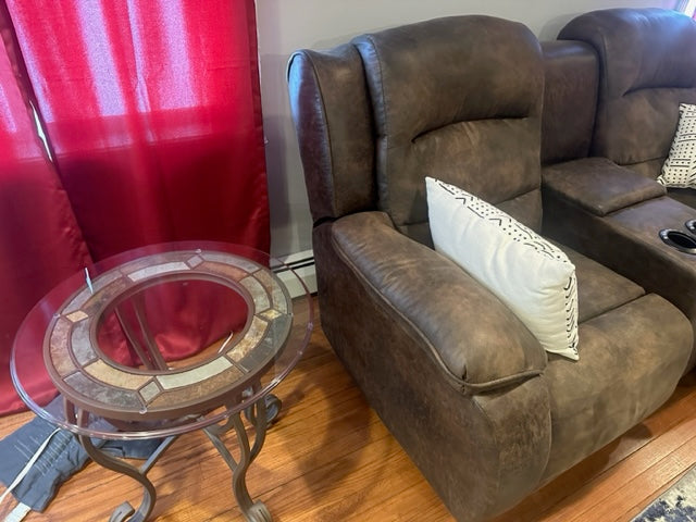 *free Delivery* Faux Leather Double Reclining Couch with Coffee Table and Night Stands